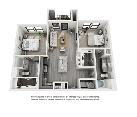 Floor plan for 2 beds, 2 baths, 1000 sqft